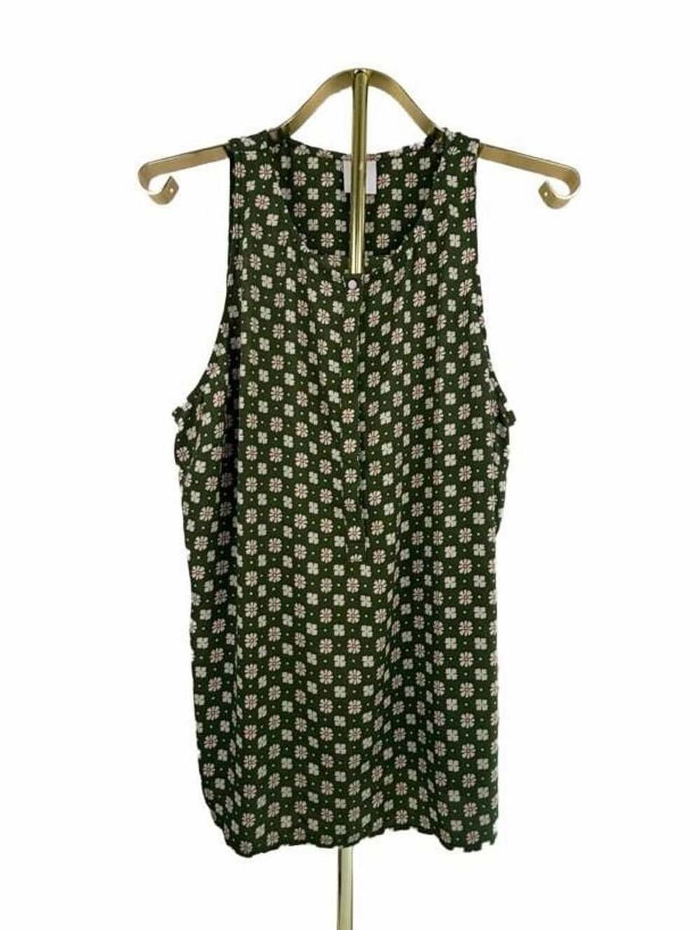 Cabi Snap Top #3985 Green Floral Sleeveless V-Neck Blouse Tank Size Small